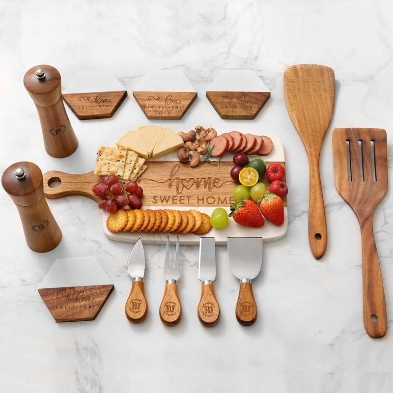 Grajar Luxury Kitchen Gift Set for Housewarming – Marble Cheese Board, Acacia Wooden Grinders, Cheese Knives & Utensils, Coaster Set – Elegant Charcuterie & Cooking Gift Box for Women, Couples, New Home - Image 1